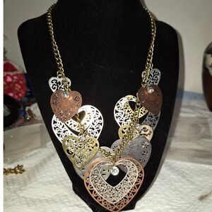 A Metallic Multi-Tone Filigree Heart Necklace Steampunk Bohemian Office Siren
